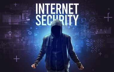 Faceless man with INTERNET SECURITY inscription, online security concept