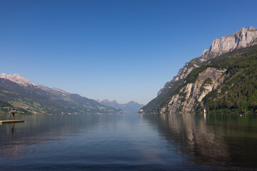 Fototapeta na wymiar View on Walensee (Lake Walen) near Walenstadt, Switzerland.