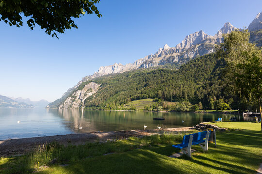 View on Walensee (Lake Walen) near Walenstadt, Switzerland.