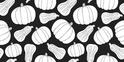 Hand drawn vector pumpkin seamless pattern. Organic cartoon fresh vegetable illustration. Cute vegetable botanical background.