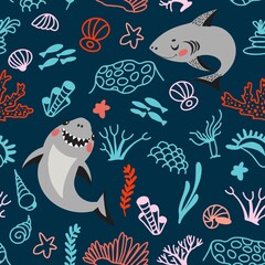 Obraz premium Cute cartoon style pattern with funny sharks and simple stylized corals.