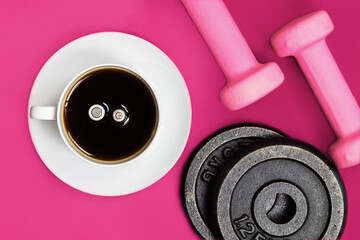 coffee for energy with sports equipmenton pink background