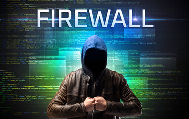 Faceless hacker with FIREWALL inscription on a binary code background