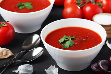 Two plates with gazpacho - traditional Spanish tomato soup