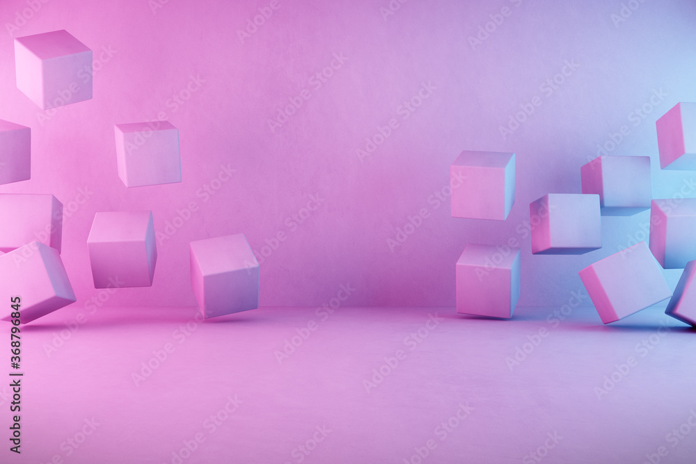 Poster abstract neon light background with concrete cube. 3d render.