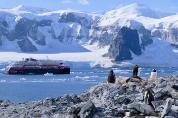 Penguin colony with expedition ship before mountains and glacier, Antarctica