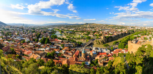 Panoramic view of Tbilisi city from the Narikala Fortress, old town and modern architecture. Tbilisi the capital of Georgia. © miklyxa