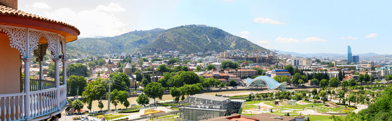 Traditional Georgian architecture and panoramic view of Tbilisi city, old town and modern architecture. Tbilisi the capital of Georgia © miklyxa