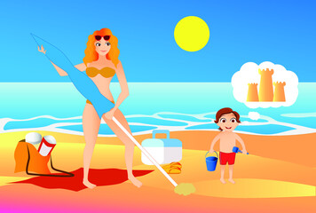 Obraz na płótnie Canvas Vector illustration of a mother with her little son on a beach while she nails the umbrella and he thinks about building a sand castle