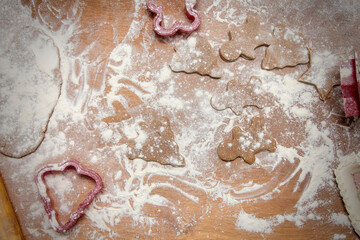 Cooking Christmas Gingerbread Cookies Pastry And Cookies On Board With Flour