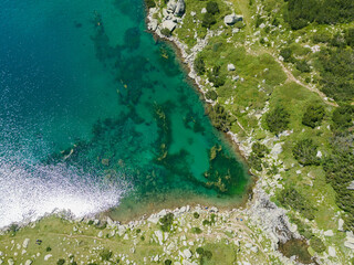 Aerial view of Fish Banderitsa lake, Pirin Mountain