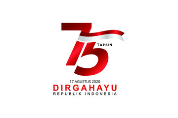 Celebrate 75 tahun Indonesia with beautiful wavy flag, Happy independence day Indonesian translation. Creative Emblem of Indonesian happy independence day. Logo, vector eps10.
