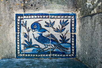 detail of azulejos on the walls of The Palace of the Marquesses of Fronteira in Lisbon, Portugal	
