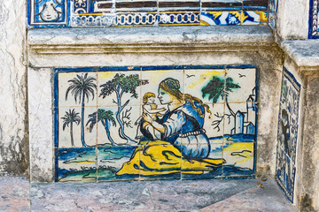 detail of azulejos on the walls of The Palace of the Marquesses of Fronteira in Lisbon, Portugal	
