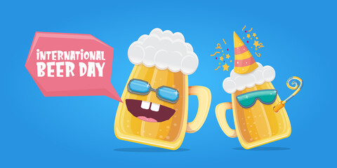 Happy international beer day horizonatal banner with cartoon funny beer glass friends characters with sunglasses isolated on blue background. International beer day cartoon comic poster