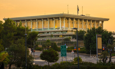 The Knesset building at dawn: seat of the legislative branch of the Israeli government, Israel’s equivalent of the House of Representatives and European Parliaments, located in Givat Ram, Jerusalem