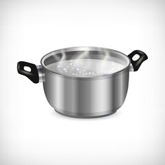 Stainless pot, boiling liquid and transparent steam isolated on white background. Vector illustration.