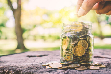 investor business man hand putting coins in jar on wood table with blur nature park background. money saving concept for financial banking and accounting.