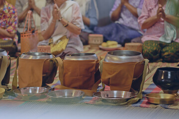Monk Bowl, Thai people give food to monks in countryside, folk culture.