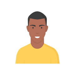 Persona afroamericana. Hombre afroamericano. Raza, cultura, nación, país. Personaje con cabello corto, piel oscura. Ilustración vectorial aislada en fondo blanco