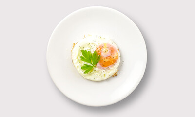 Fried egg on a plate on a white background