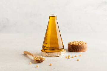 Vegetable cedar oil, pine nuts. The concept of healthy eating. Copy space.
