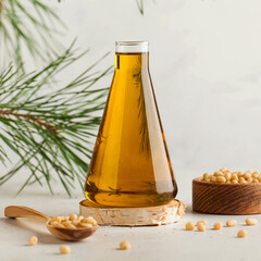 Vegetable cedar oil, pine nuts, a branch of a coniferous tree. The concept of healthy eating.