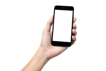 Hand man holding mock up mobile smartphone with blank screen isolated on white background with clipping path