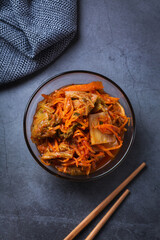 Homemade korean fermented kimchi cabbage salad, vegan, vegetarian preserved food