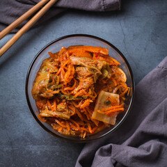 Homemade korean fermented kimchi cabbage salad, vegan, vegetarian preserved food