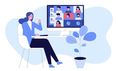Vector illustration for video conference, remote work, technology concept. Group video conference. Man at desktop chatting with friends online. Worker using computer for collective virtual meeting.