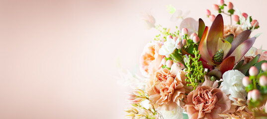 Autumn composition made of beautiful flowers on pastel backdrop. Floristic decoration. Natural...