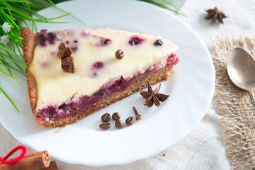 Cottage cheese pie with cherries on table. Delicious curd berry dessert