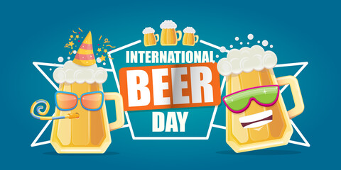 Happy international beer day horizonatal banner with cartoon funny beer glass friends characters with sunglasses isolated on blue background. International beer day cartoon comic poster