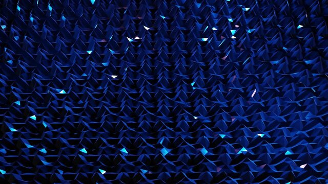 stylish dark abstract low poly background in 4k. Abstract waves move on glossy metallic surface in loop. Smooth soft seamless animation. Simple minimalistic geometric bg. Blue color