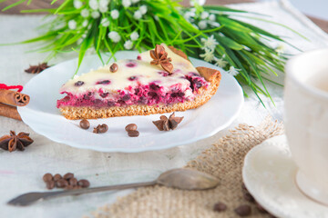 Cottage cheese pie with cherries on table. Delicious berry dessert