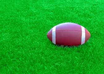 An american football on a green grass field during the day.
