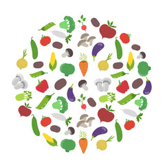 Vegetable circle. Garden harvest. Round background. Vector flat illustration. Growing agriculture.