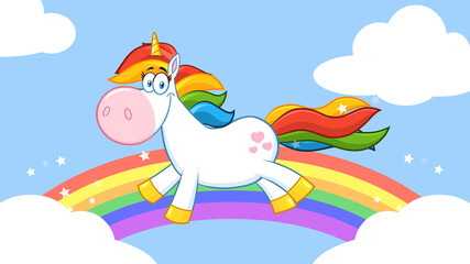 Smiling Magic Unicorn Cartoon Mascot Character Running Around Rainbow With Clouds. Raster Illustration With Background