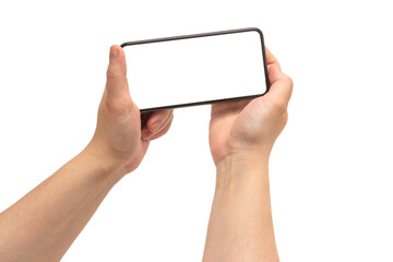 Smart phone in man hand isolated on white background.  White screen.