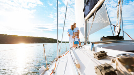 Family Vacation On Yacht, Parents And Daughter Sailing Across Sea