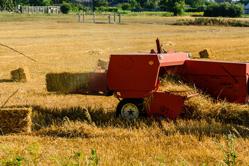 Harvester makes bales of straw at the agricultural field. Agricultural concept