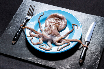 Octopus on blue plate holds cutlery