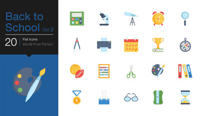 Back to school icons set 2. Flat design. For presentation, graphic design, mobile application or UI.