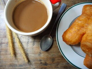 Empty coffee, white mugs on wooden floors and free space