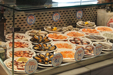 Fish market stall in Madrid historical market.