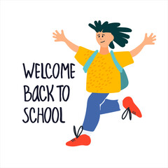 Welcome Back to School vector banner, illustration. Happy schoolboy illustration and hand lettering