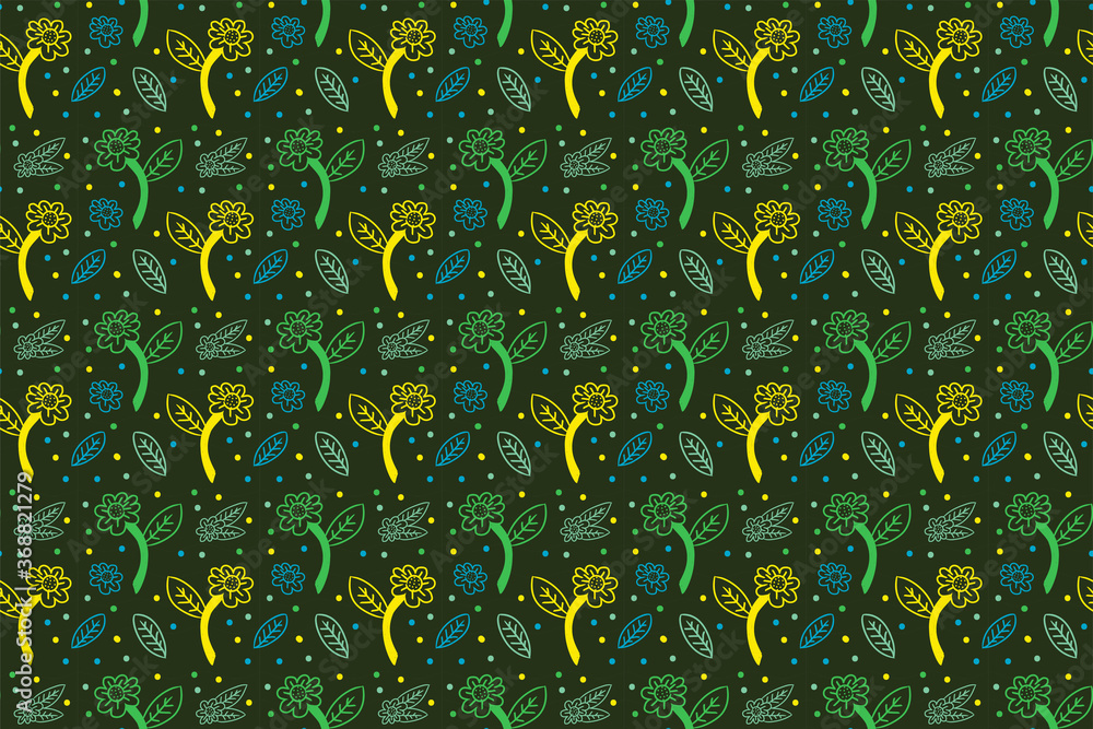 Poster abstract seamless pattern use flower, leaf and circle as design element. isolated on dark green back