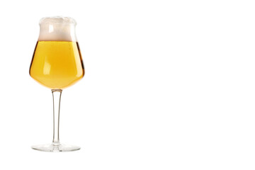 Glass of golden beer on the left isolated on white background