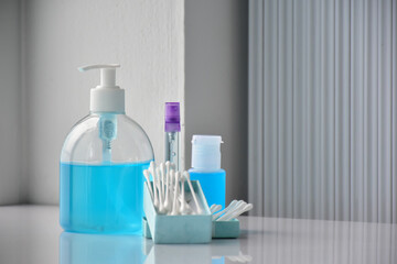 Medical equipments for protecting coronavirus, germs and diseases, face mask, cotton buds, hand sanitizer, alcohol spray.